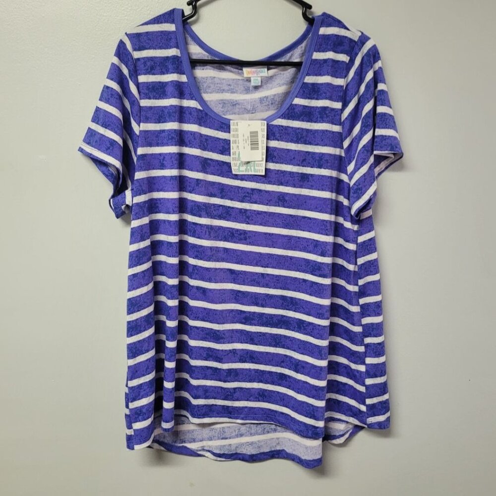 Lularoe Classic Tee Shirt Womens 2XL Blue‎ Stripes Splatter Tags Comfortable